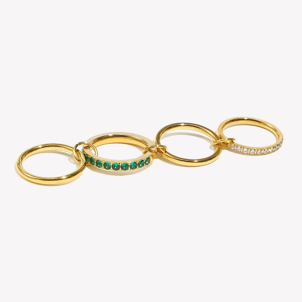 New Luxury Four Layers Green/Clear Rhinestone Rings 18K Gold Plated Stainless Steel Smooth Finger Jewelry