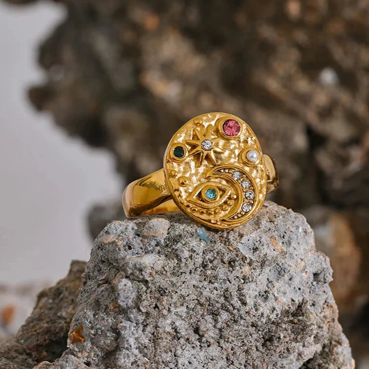Stainless Steel Star Moon Eye Charms Ring Colorful CZ Zirconia 18K Gold Color High Quality Celestial Jewelry Women Gala