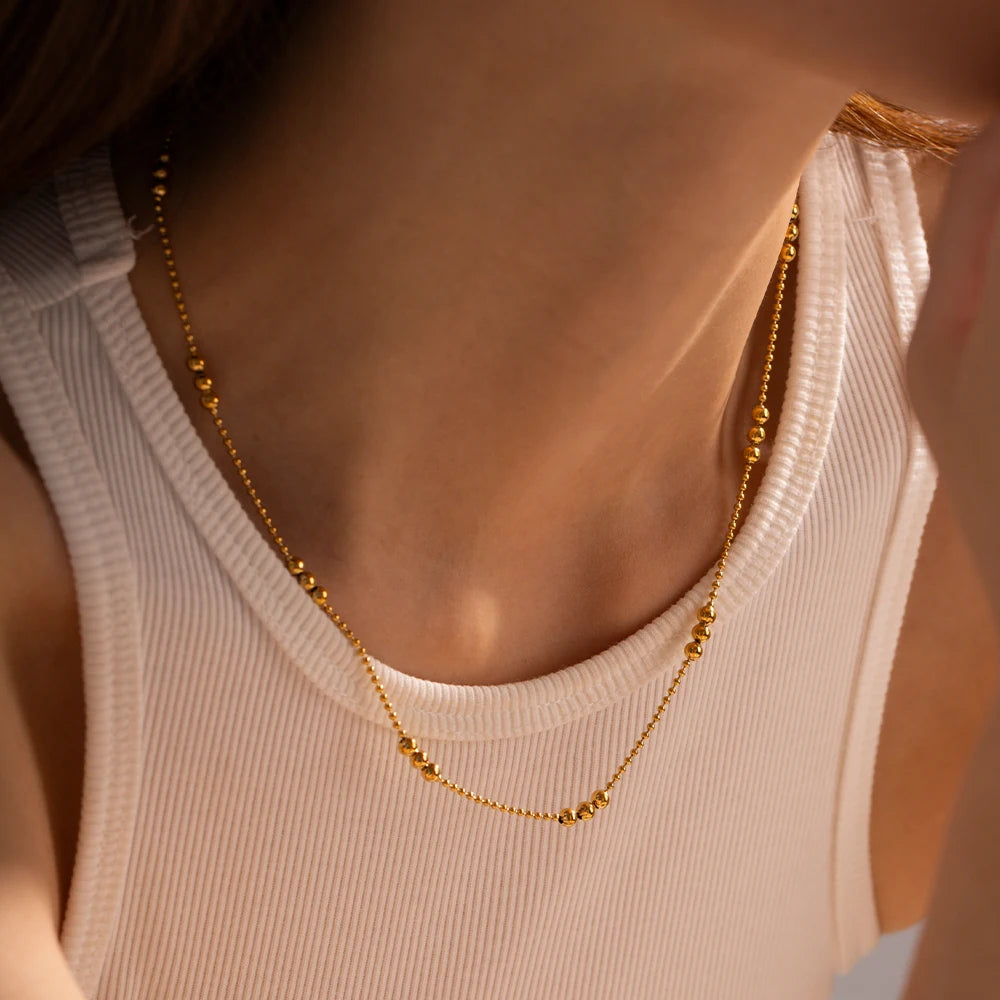 Stainless Steel 16K Gold Plated Minimalist All round Bead Chain Necklace Waterproof Women Necklace Бижутерия Party Gift