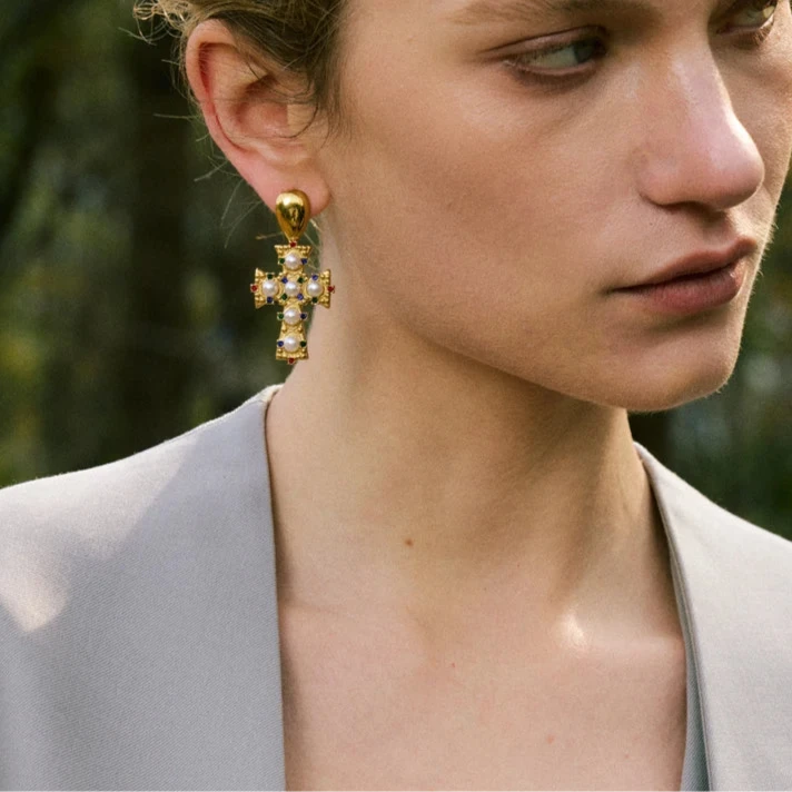 Vintage Imitation Pearls Zirconia Cross Drop Earrings 18K Gold Color Stainless Steel Popular Jewelry 2025