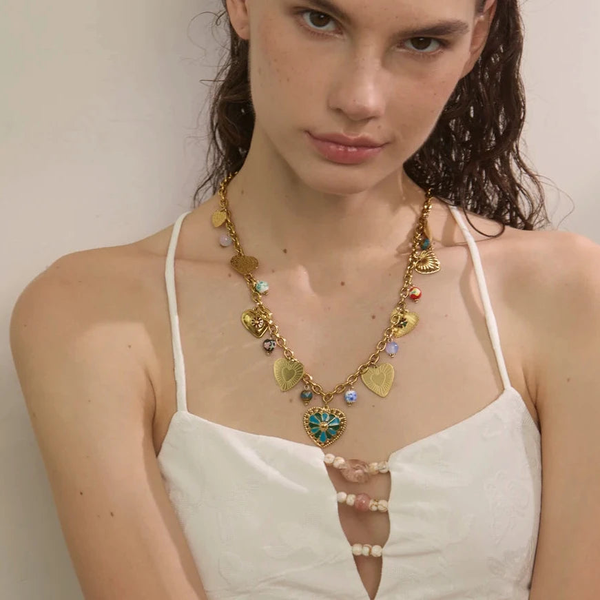 2025 Exquisite Stainless Steel Ceramic Beads Heart Love Drop Necklace High Quality Golden Charm Jewelry Recommend