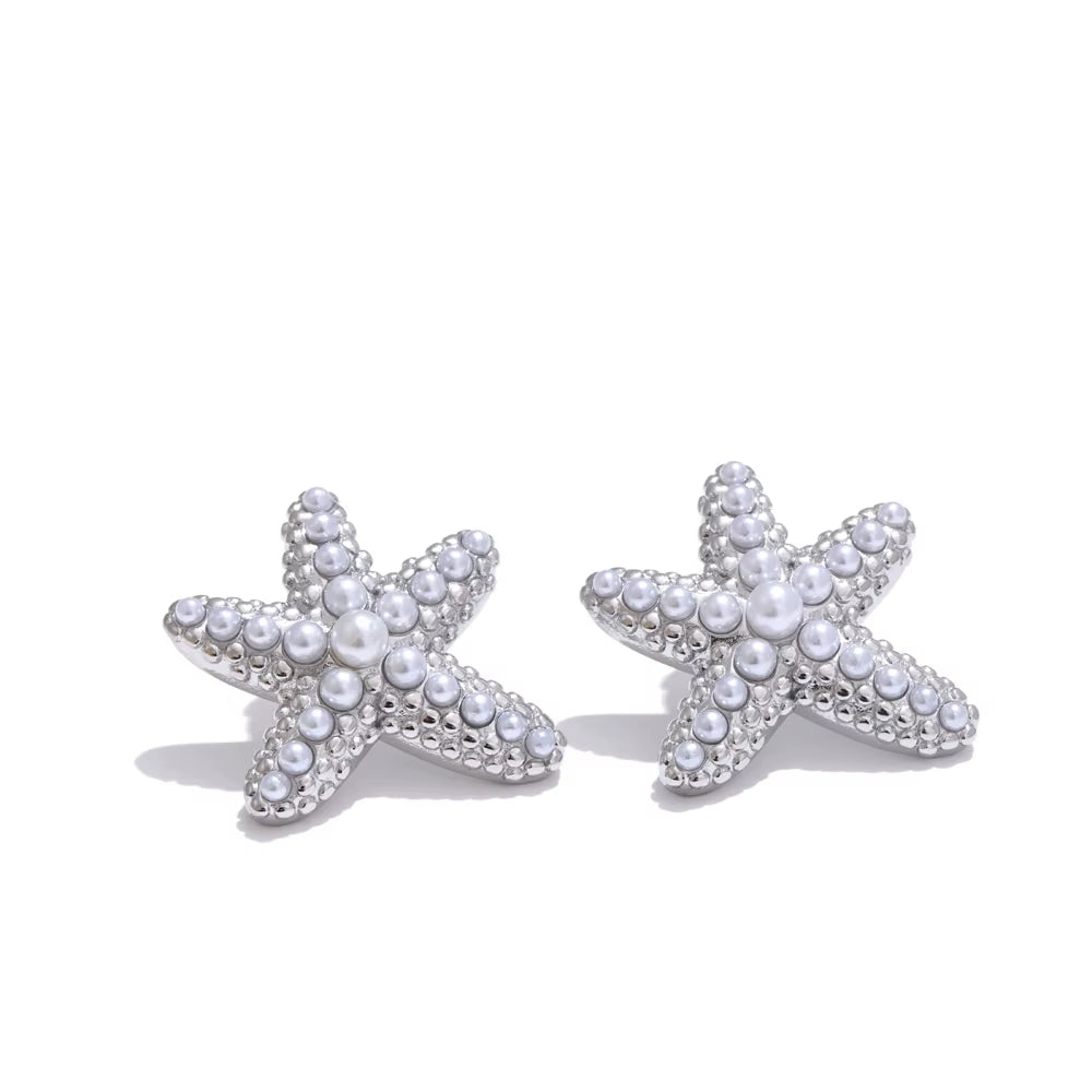Ocean Style Imitation Pearls Starfish Stud Earrings Stainless Steel Casting Exquisite Summer Holiday Beach Jewelry Gift