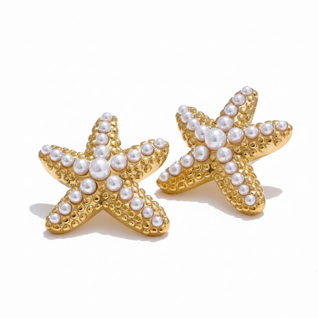 Ocean Style Imitation Pearls Starfish Stud Earrings Stainless Steel Casting Exquisite Summer Holiday Beach Jewelry Gift
