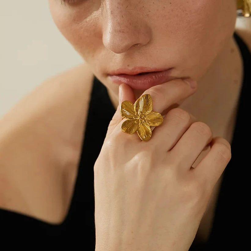 Waterproof 18K Gold Color Stainless Steel Flower Big Open Ring for Women Trendy Fashion Party Summer Statement Jewelry
