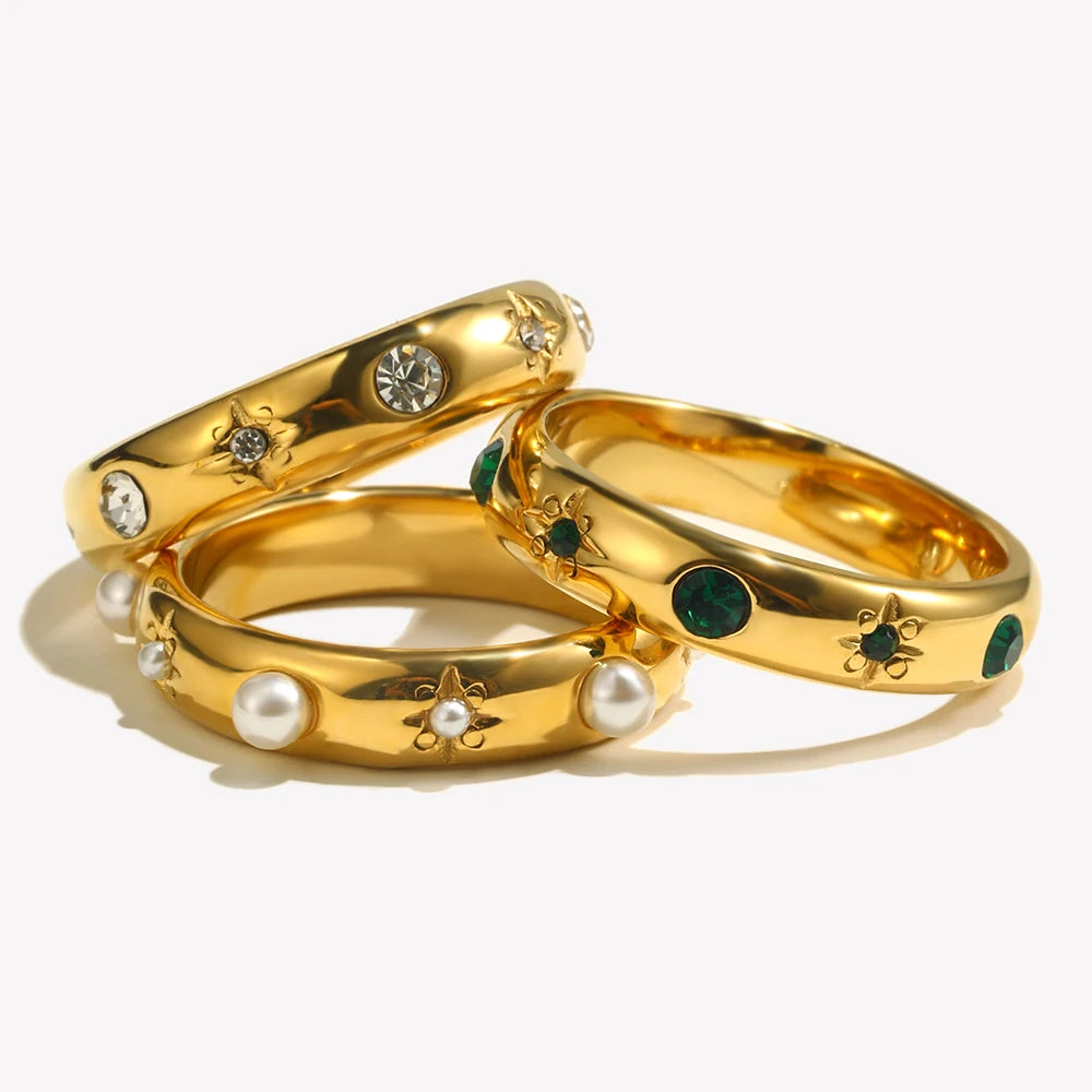 18K Gold Plated Green Zircon Pearl Rings for Women Waterproof Hypoallergenic Dainty Gold Ring Stainless Steel Jewelry