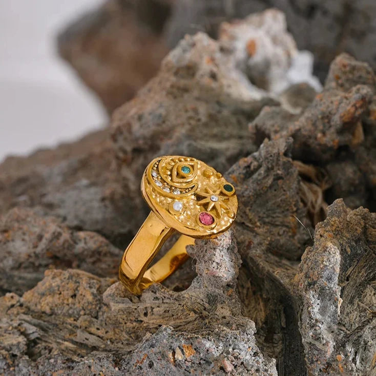 Stainless Steel Star Moon Eye Charms Ring Colorful CZ Zirconia 18K Gold Color High Quality Celestial Jewelry Women Gala
