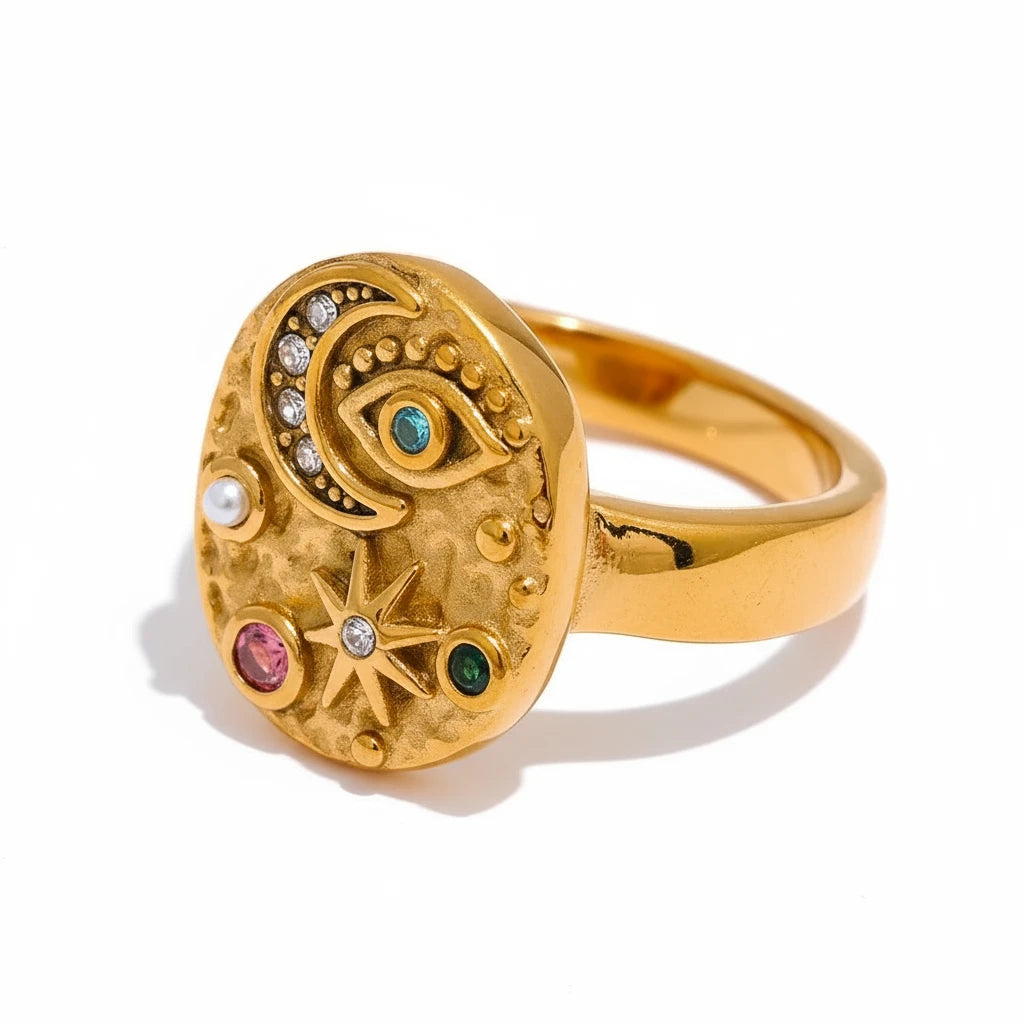 Stainless Steel Star Moon Eye Charms Ring Colorful CZ Zirconia 18K Gold Color High Quality Celestial Jewelry Women Gala