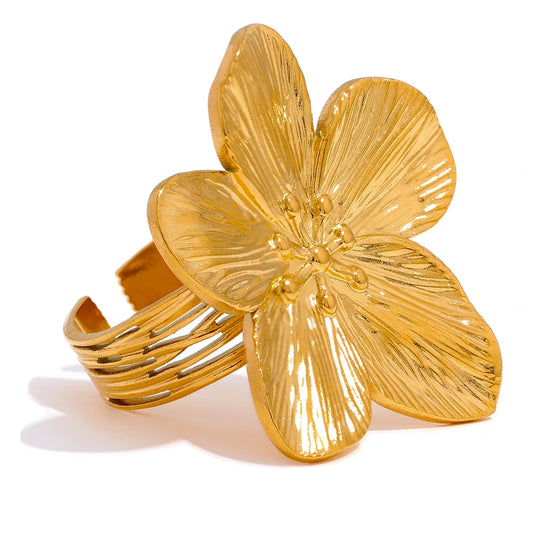 Waterproof 18K Gold Color Stainless Steel Flower Big Open Ring for Women Trendy Fashion Party Summer Statement Jewelry