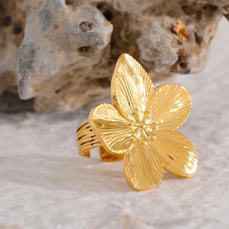 Waterproof 18K Gold Color Stainless Steel Flower Big Open Ring for Women Trendy Fashion Party Summer Statement Jewelry