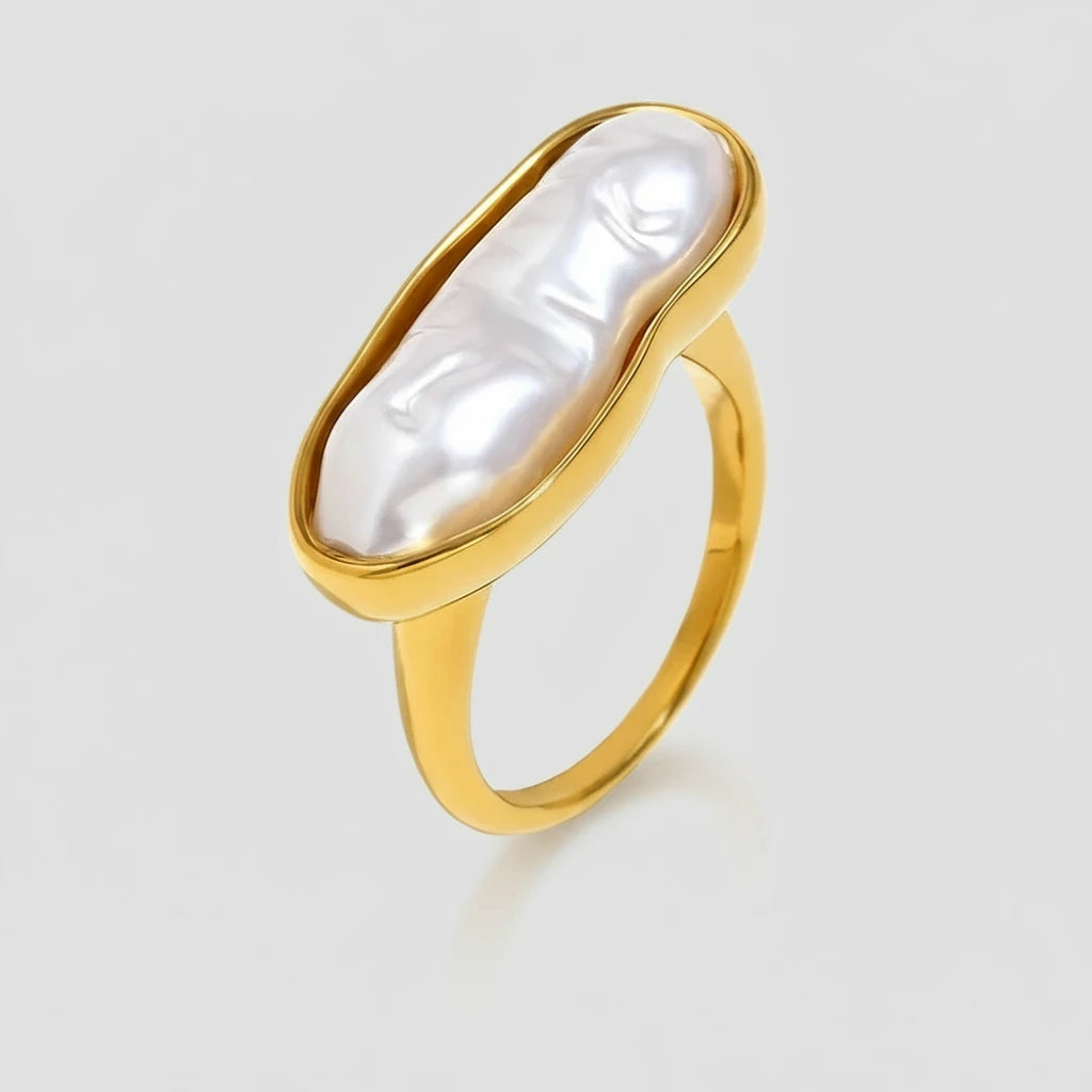 Irregular Long Imitation Pearl Stainless Steel Women'S Ring Fashionable Waterproof 18K Gold-Plated Jewelry Gift