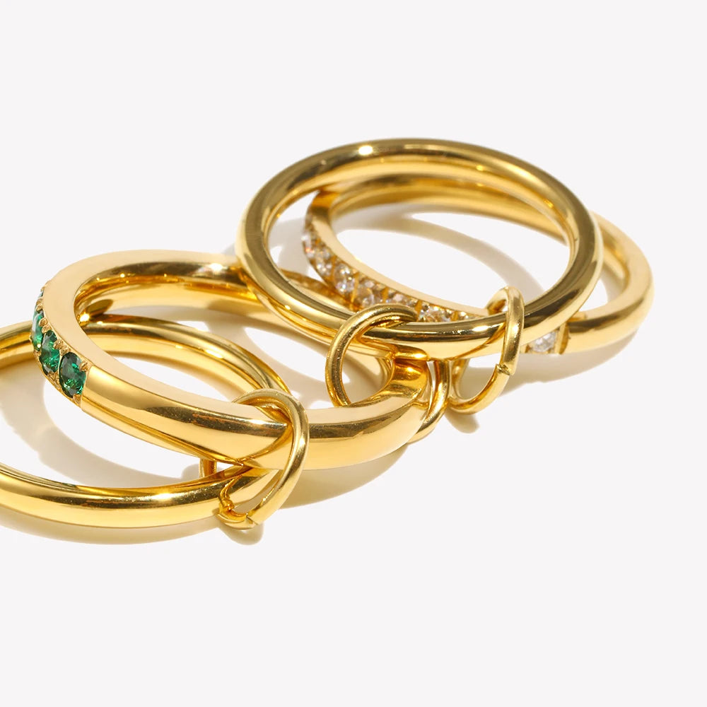 New Luxury Four Layers Green/Clear Rhinestone Rings 18K Gold Plated Stainless Steel Smooth Finger Jewelry