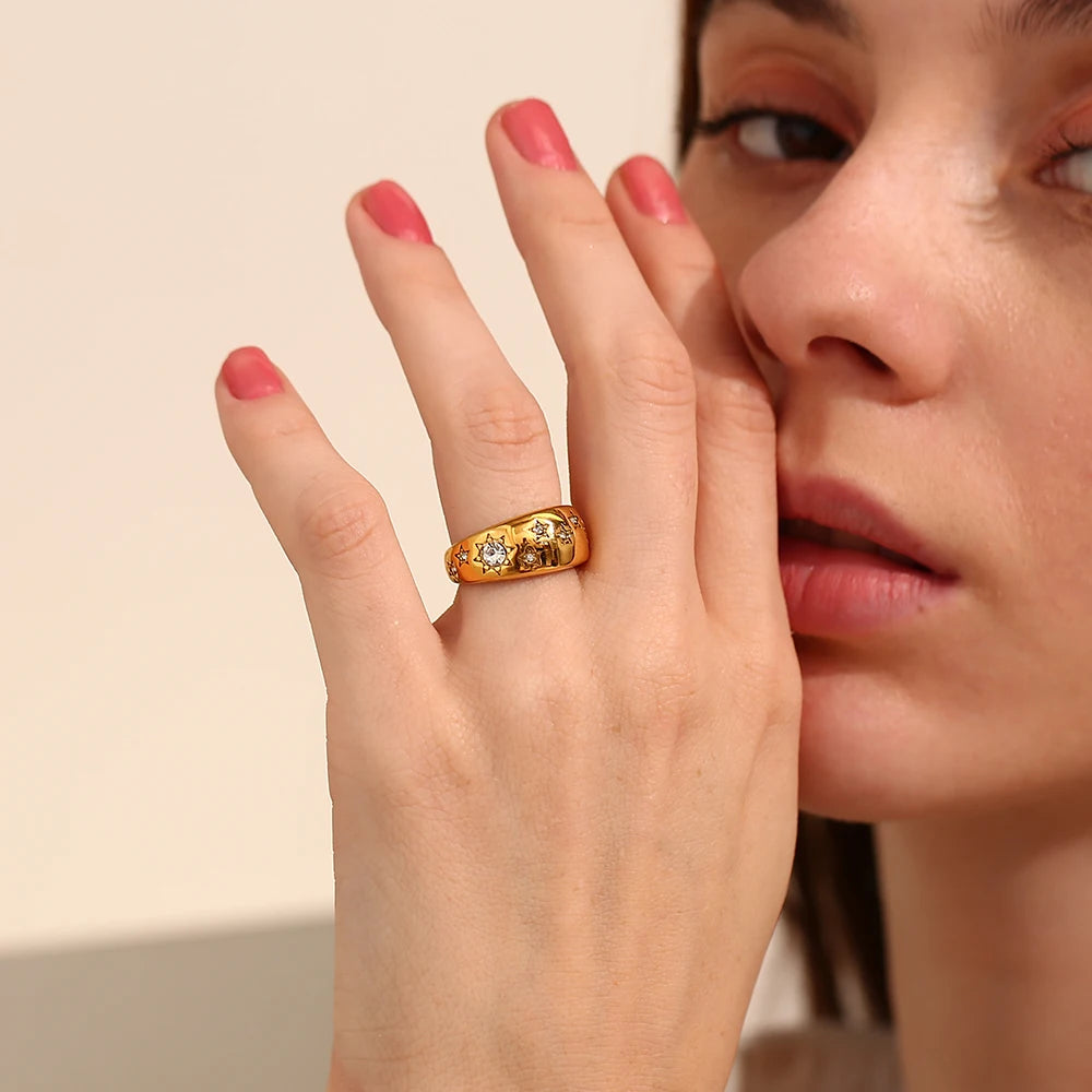 Retro Star Moon Ring Stainless Steel Jewelry Stylish Metal Celestial Women Ring Joyería Acero Inoxidable Mujer Gift New