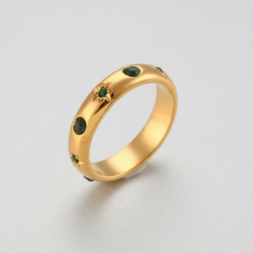 18K Gold Plated Green Zircon Pearl Rings for Women Waterproof Hypoallergenic Dainty Gold Ring Stainless Steel Jewelry
