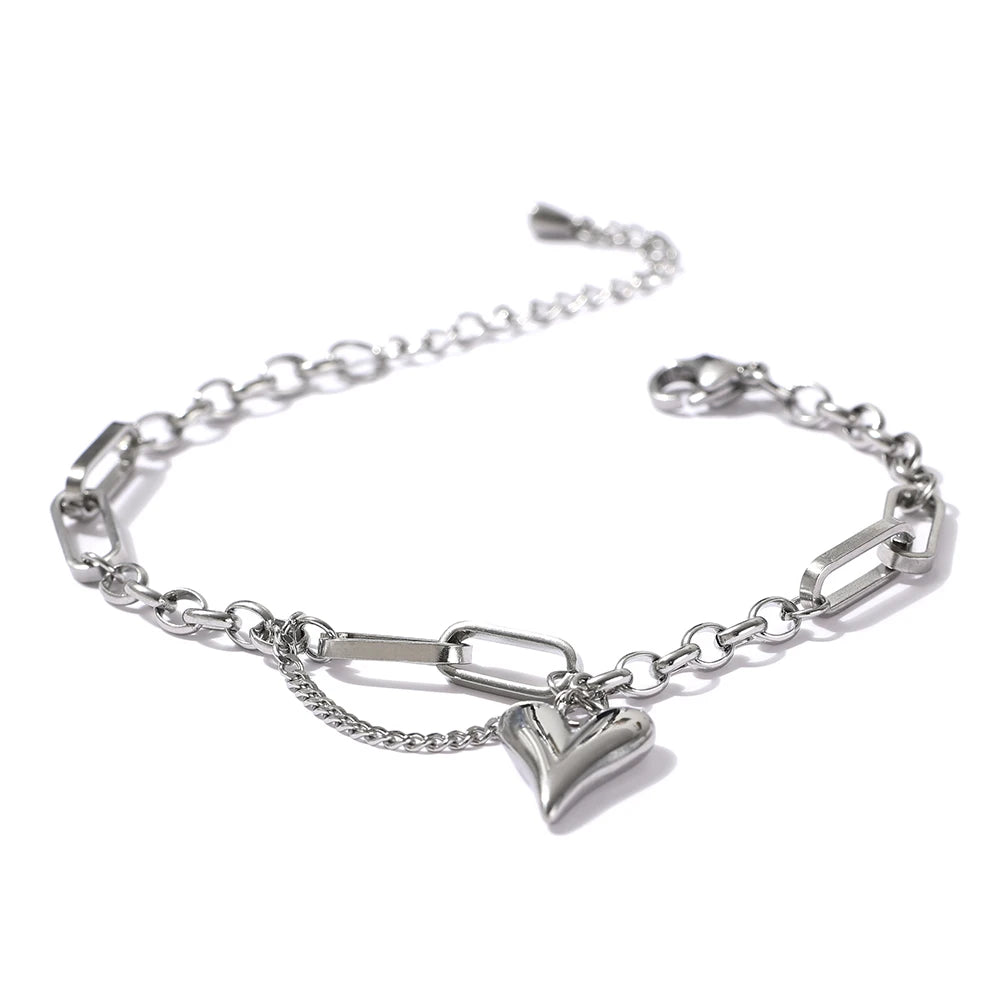 Trendy Heart Double Layered Bracelet Stainless Steel Metal Texture Stylish Charm Jewelry Браслеты Женские Summer Gift