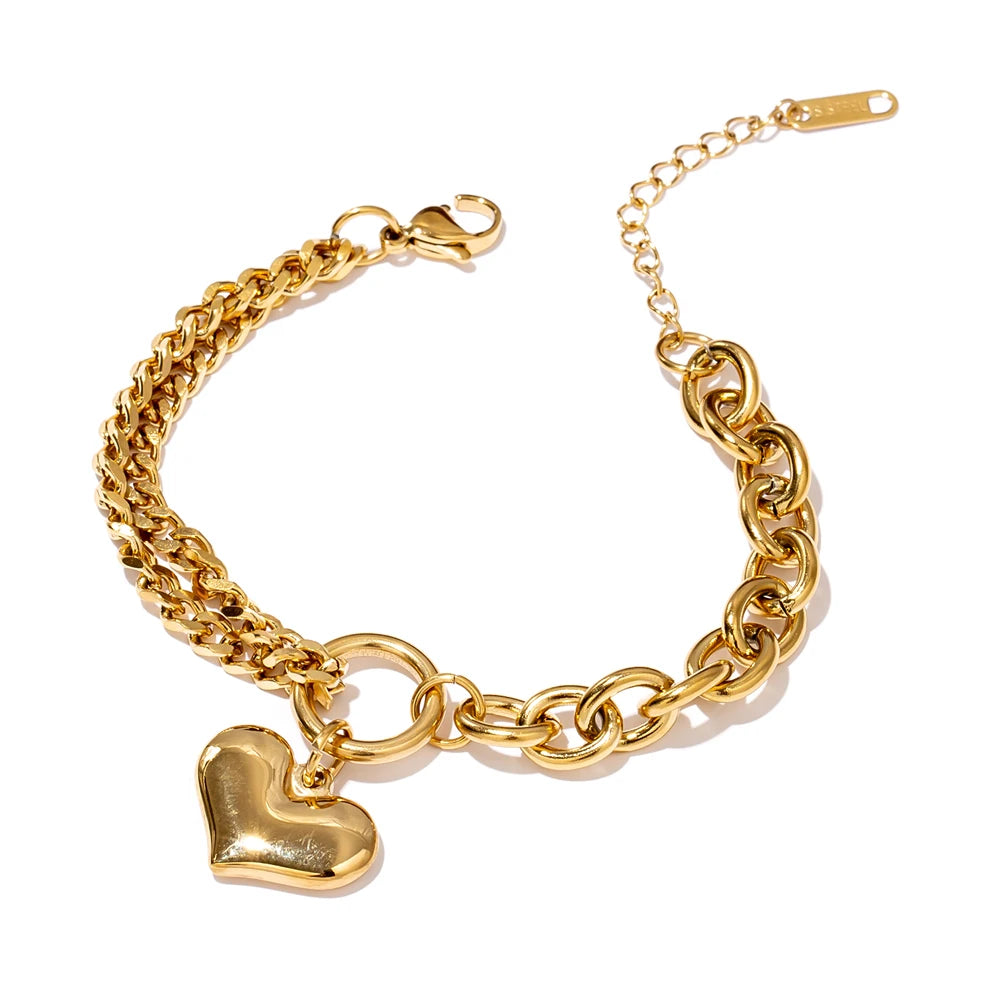 Statement Heart Pendant Bracelet Stainless Steel Gold 18 K Plated Jewelry Trendy Metal Texture Accessories for Women
