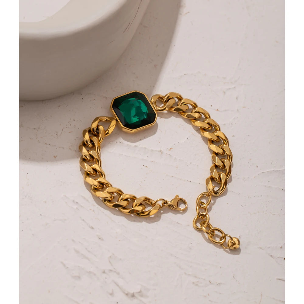 Green Crystal Stainless Steel Gold Bracelets Bangle for Women Hip Hop Thick Chain18 K Plated Punk Fashion Bracelets New
