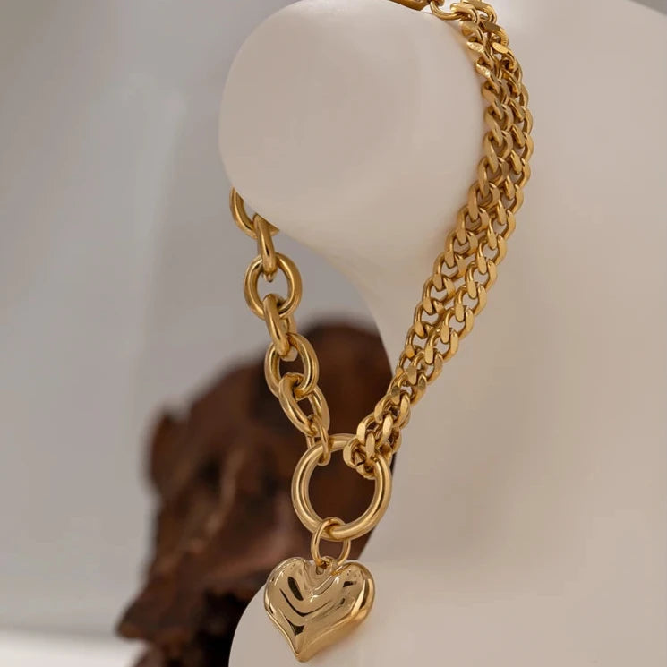 Statement Heart Pendant Bracelet Stainless Steel Gold 18 K Plated Jewelry Trendy Metal Texture Accessories for Women