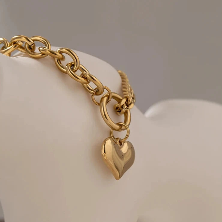 Statement Heart Pendant Bracelet Stainless Steel Gold 18 K Plated Jewelry Trendy Metal Texture Accessories for Women