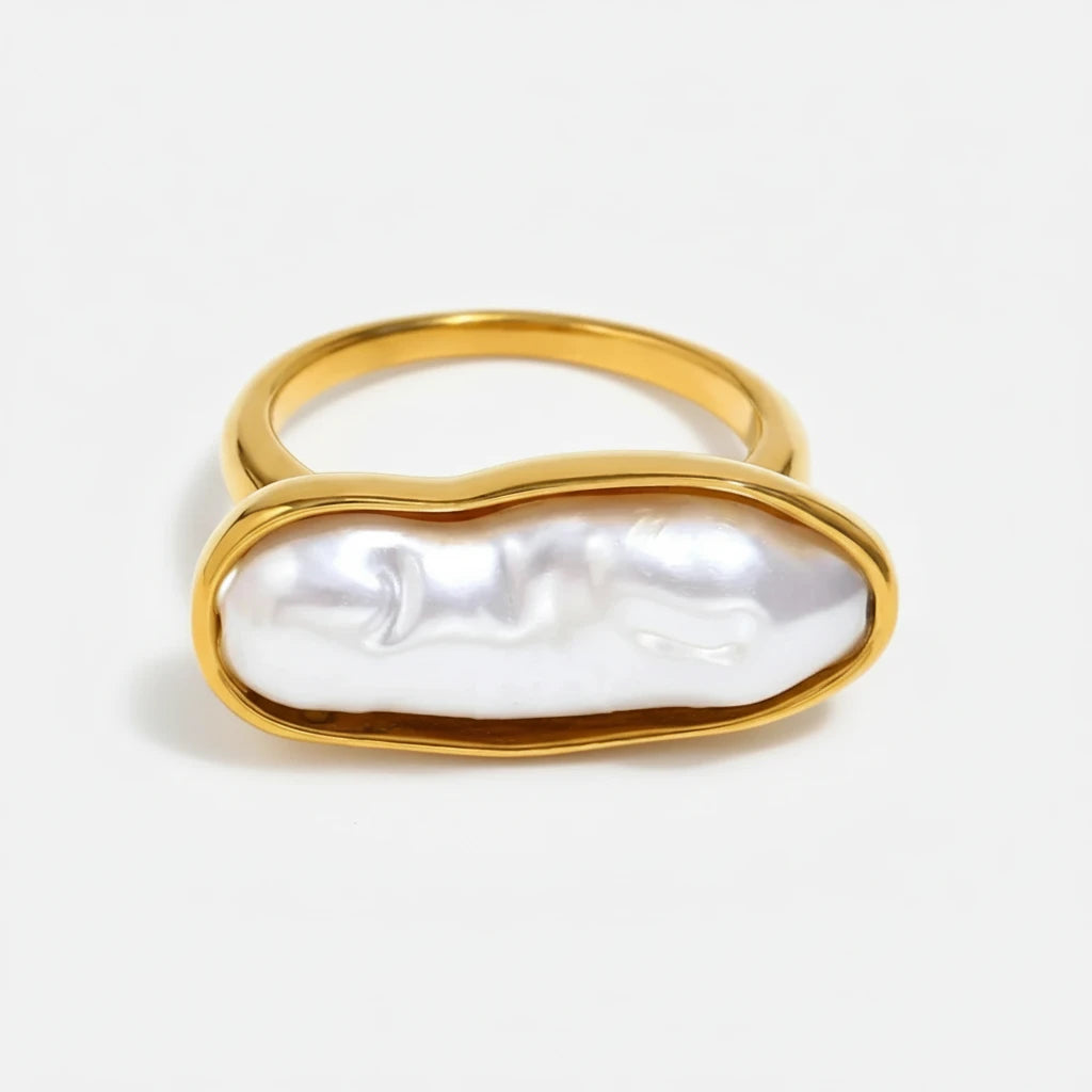  Irregular Long Imitation Pearl Stainless Steel Women'S Ring Fashionable Waterproof 18K Gold-Plated Jewelry Gift
