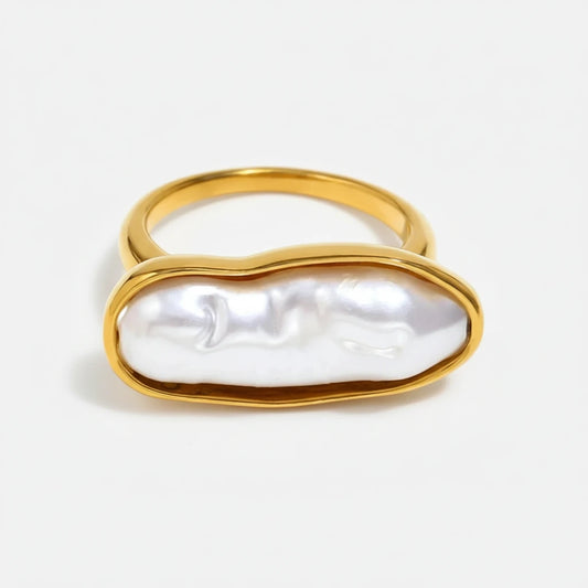  Irregular Long Imitation Pearl Stainless Steel Women'S Ring Fashionable Waterproof 18K Gold-Plated Jewelry Gift
