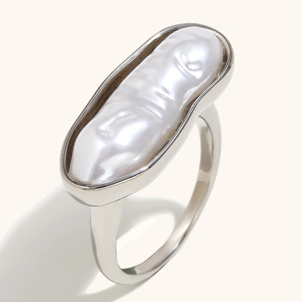 Irregular Long Imitation Pearl Stainless Steel Women'S Ring Fashionable Waterproof 18K Gold-Plated Jewelry Gift