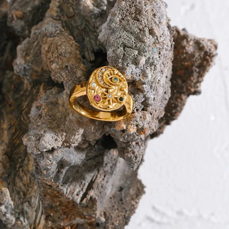 Stainless Steel Star Moon Eye Charms Ring Colorful CZ Zirconia 18K Gold Color High Quality Celestial Jewelry Women Gala