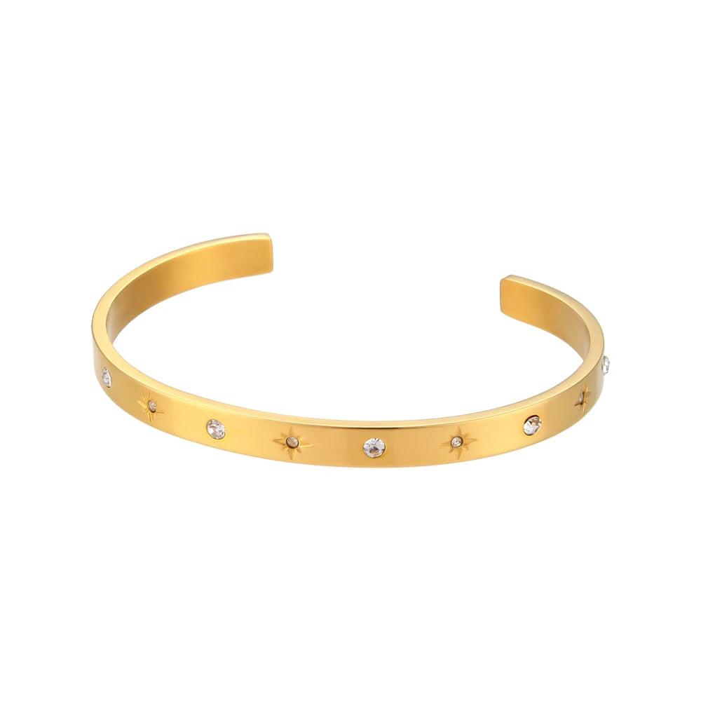 18K Gold Plated Waterproof Tarnish Free Crystal Zircon Pave Shiny Star Moon Cuff Bangles Bracelets for Woman Wrist Bangles