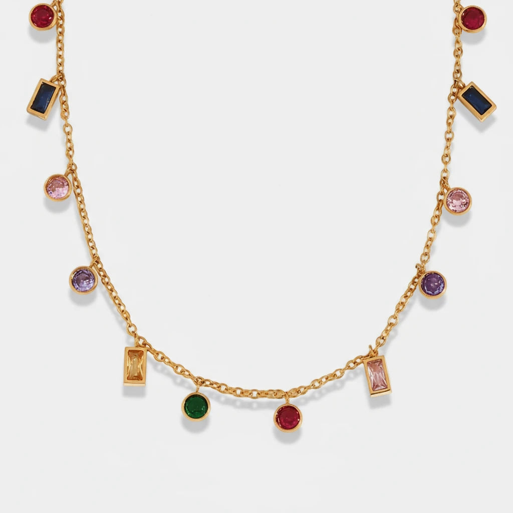 La. Muses Colored Cubic Zirconia Bead Chain Stainless Steel Women'S Necklace 18K Gold-Plated Fashion Waterproof Jewelry Gifts