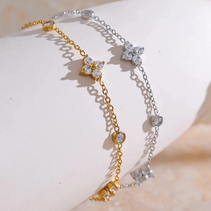 Delicate Cubic Zirconia Flower Chain Thin Bracelet Bangle Stainless Steel Rust Proof Office Ladies Chic Jewelry New Gift
