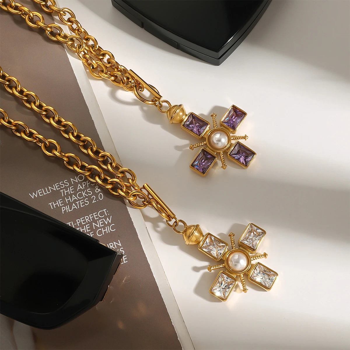 Uworld Retro Stainless Steel Cross Pendant Necklace Zircon Pearl Pendant Necklace Religious Necklace Cross Jewelry Gift for Her