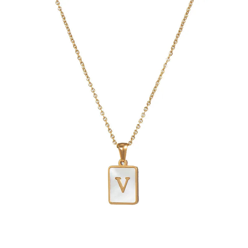 Minimalist Mother of Pearl Shell Stainless Steel Tarnish Free Initial Necklace Gold Plated Letter Necklace for Women