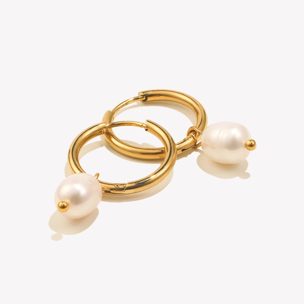 Minimalist Stainless Steel Small Hoop Earrings Freshwater Pearl Charms Girls Ladies Trendy Jewelry 2024 Pearl Earrings