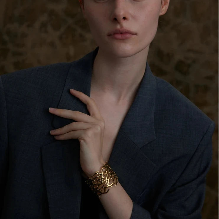 Statement Stainless Steel Twig Geometric Hollow Wide Cuff Big Bracelet Bangle for Women Waterproof Large Jewelry