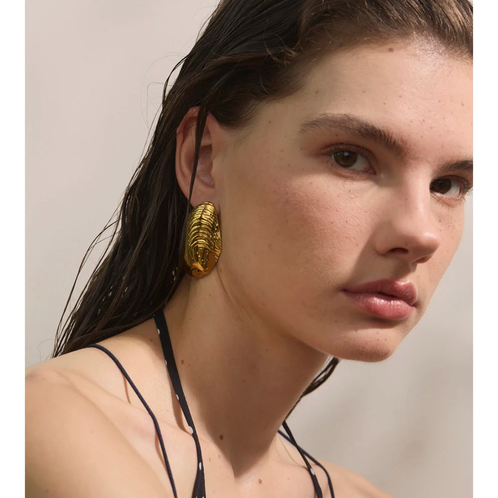 Stainless Steel Statement Gold Color PVD Plated Big Stud Earrings for Women Jewelry Waterproof Charm Fashion Accessories