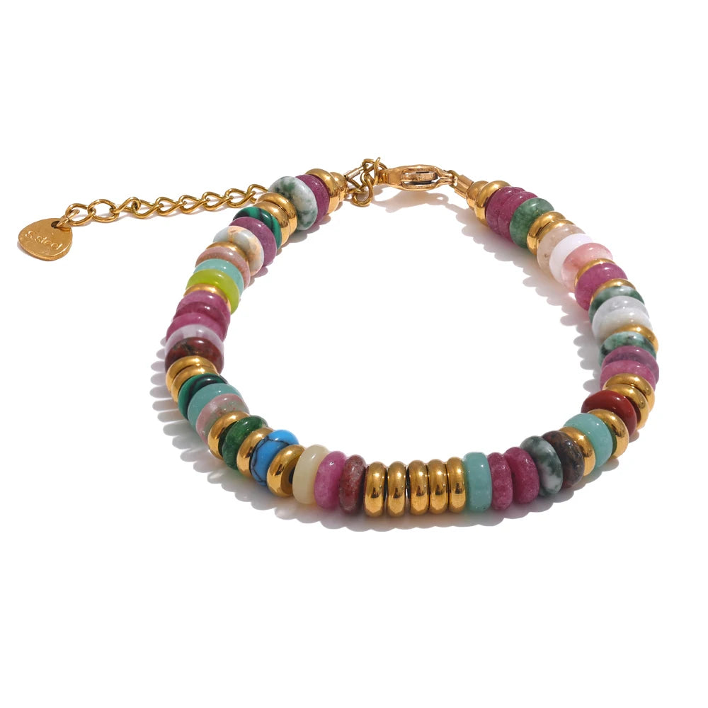 Colorful Natural Stone Beads Chain Handmade Bracelet Bangle Waterproof Bohemia Stainless Steel Y2K Trendy Jewelry Gift