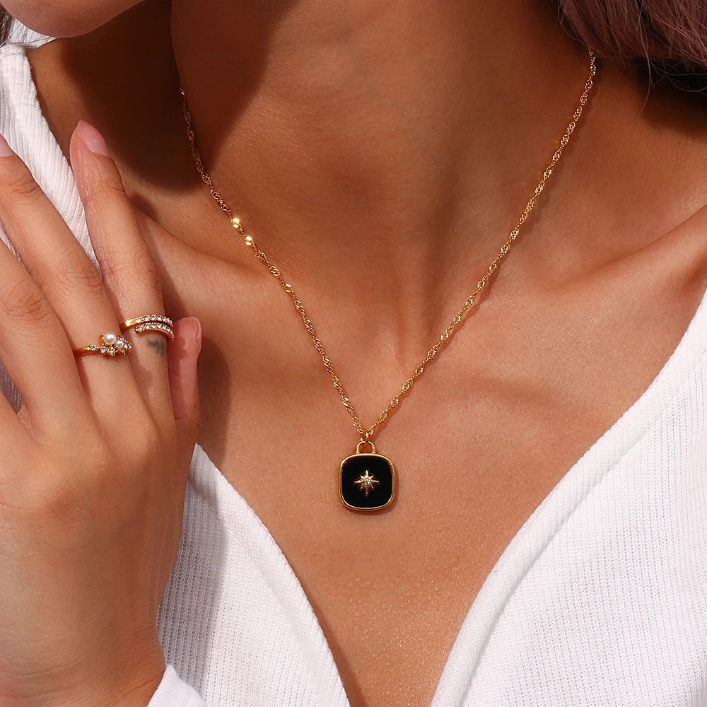 Quality Collections Waterproof Tarnish Free Stainless Steel 18K Gold Plated Shell Pearl Crystal Moon Pendant Necklaces for Women