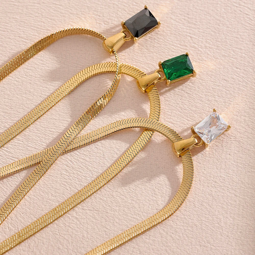Exquisite Geometric Square Cubic Zirconia Drop Snake Chain Collar Necklace Trendy Golden Jewelry PVD Waterproof Bulk Price