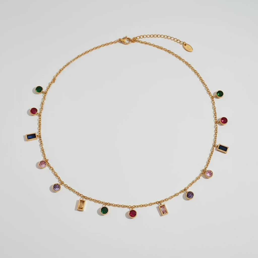 La. Muses Colored Cubic Zirconia Bead Chain Stainless Steel Women'S Necklace 18K Gold-Plated Fashion Waterproof Jewelry Gifts