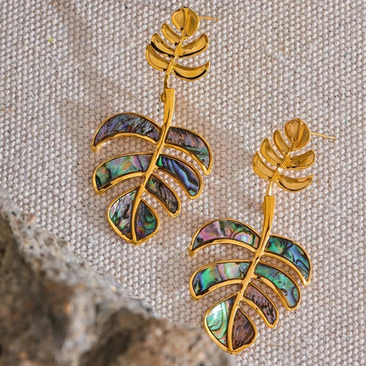 Stainless Steel Big Leaves Drop Dangle Statement Earrings 18K PVD Plated Fashion Holiday Summer Jewelry Waterproof Gift