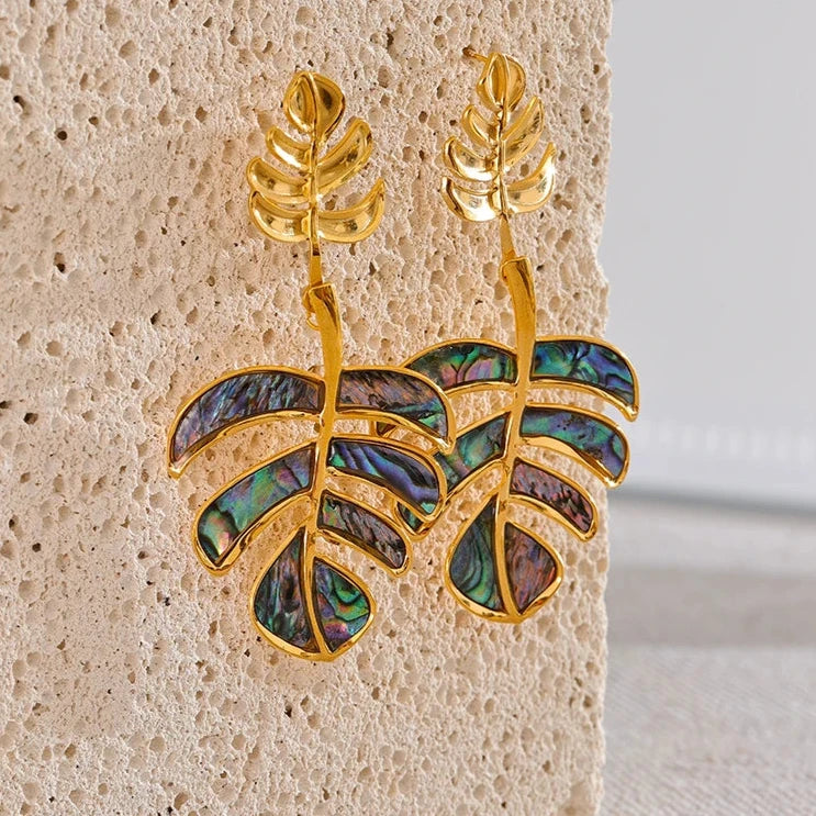 Stainless Steel Big Leaves Drop Dangle Statement Earrings 18K PVD Plated Fashion Holiday Summer Jewelry Waterproof Gift