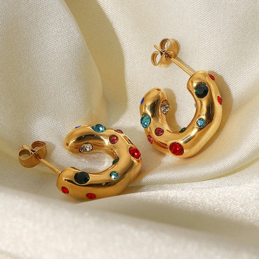 Shaped Hammer Shiny Zircon CC Shape Hoop Earrings for Women 18K Gold Plated Stainless Steel Circle Earrings Jewelry