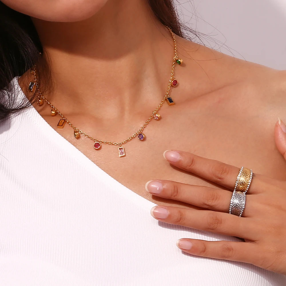 La. Muses Colored Cubic Zirconia Bead Chain Stainless Steel Women'S Necklace 18K Gold-Plated Fashion Waterproof Jewelry Gifts