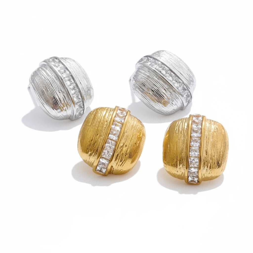 High Quality Zirconia Square Striped Stud Earrings 16K Golden Plated Stainless Steel Delicate Daily Jewelry 2025