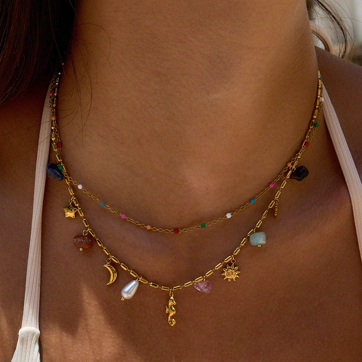 Uworld Fashion Vacation Style 18K Gold Color Plated Stainless Steel Natural Color Stone Pendant Necklace Stackable Double Layer