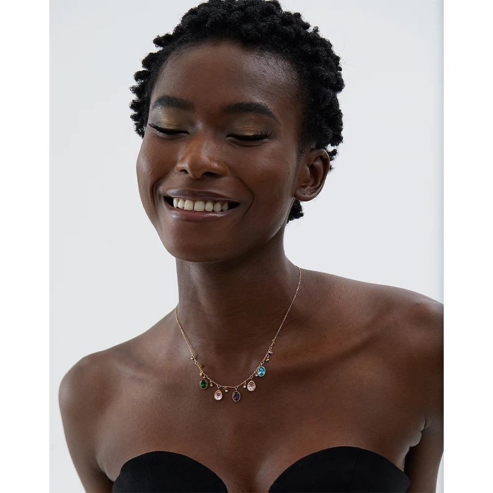 Delicate Elegant Colorful Cubic Zirconia Stainless Steel Luxury Necklace Bling 18K Gold Plated Waterproof Jewelry Party