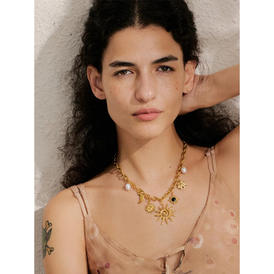 Trendy Starfish Moon Sun Shaped Pendant Charm Necklace Statement Stainless Steel Golden Chain Fashion Jewelry PVD Plated