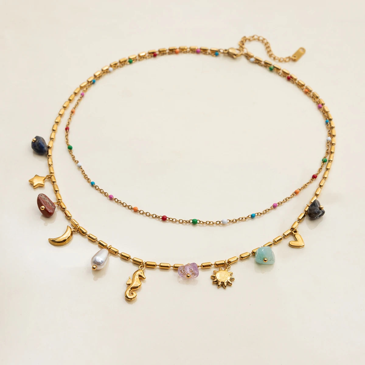 Uworld Fashion Vacation Style 18K Gold Color Plated Stainless Steel Natural Color Stone Pendant Necklace Stackable Double Layer