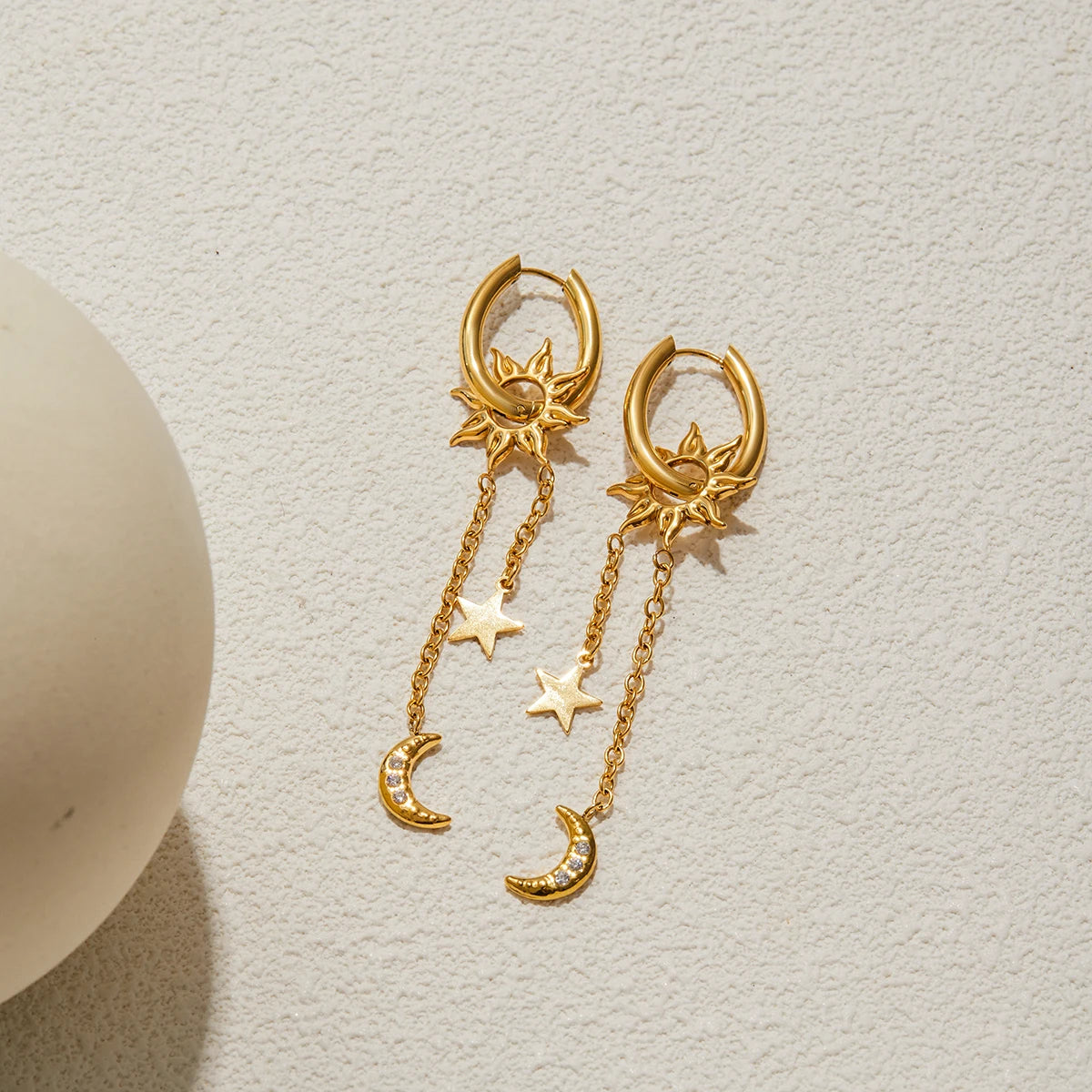 Fashion Pentagram + Sun Dangle Tassel Earrings Stainless Steel 18K Gold Color Plated with Zirconia Women'S Earrings