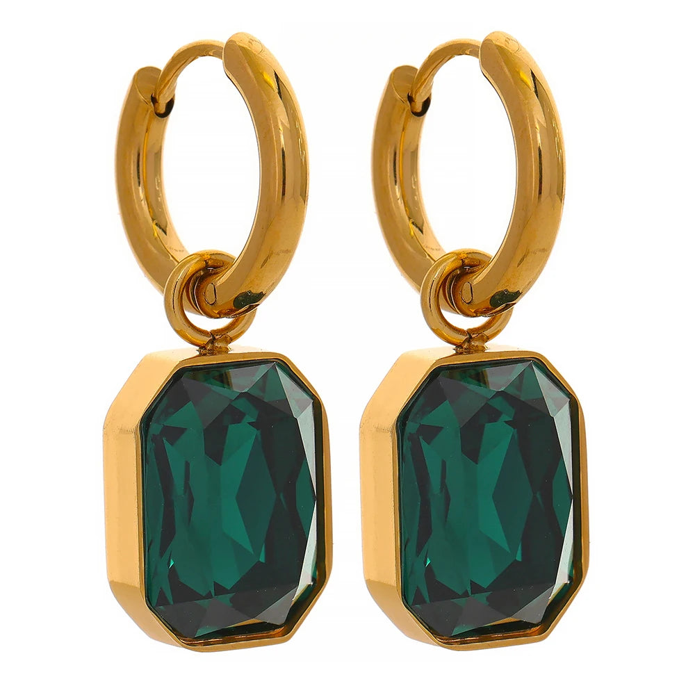 Stainless Steel Cubic Zirconia Drop Dangle Charms Trendy Earrings 18K-Gold-Plated Green Square Geometric Earring Jewelry