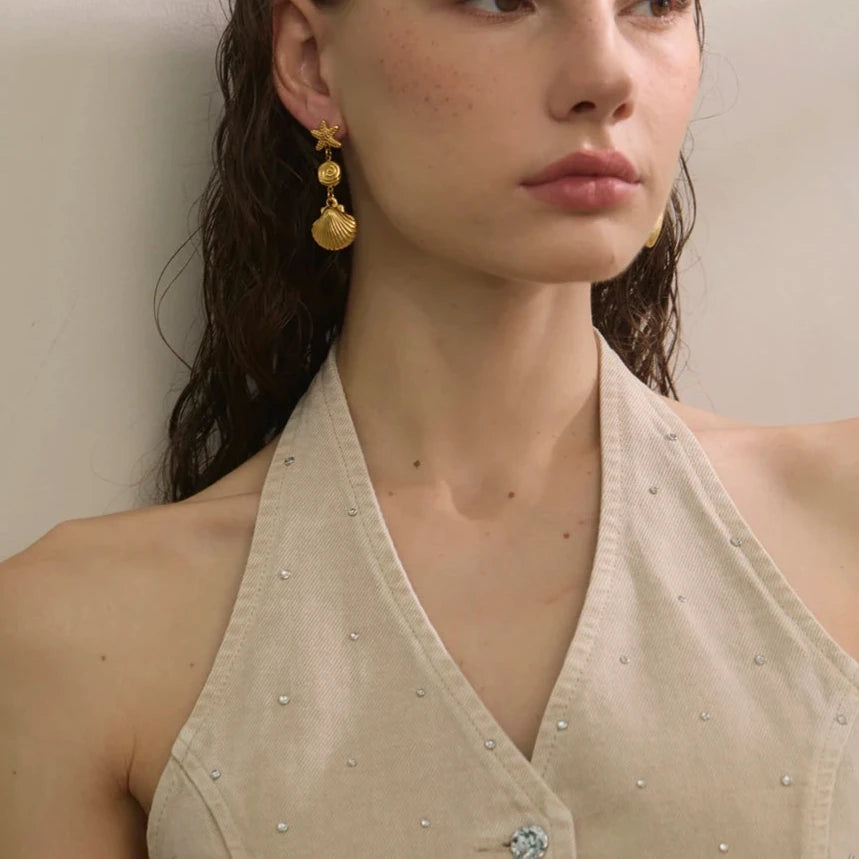 Ocean Style Stainless Steel Starfish Shell Drop Dangle Earrings Summer Trendy Holiday Fashion Charm 18K Golden PVD Jewelry